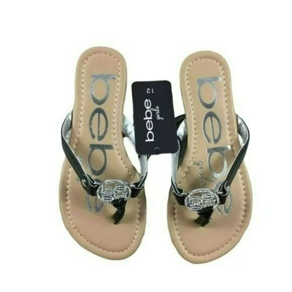 Bebe Kids Girls Shoes Black Rhinestone Logo Flip Flop Sandals New Size 12 - Picture 3 of 5